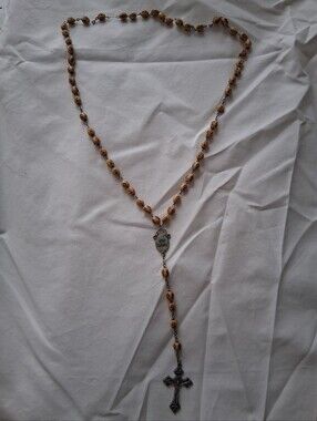 Rosary Necklace with Olive Wood Beads and Silver Tone Cross Marked ITALY